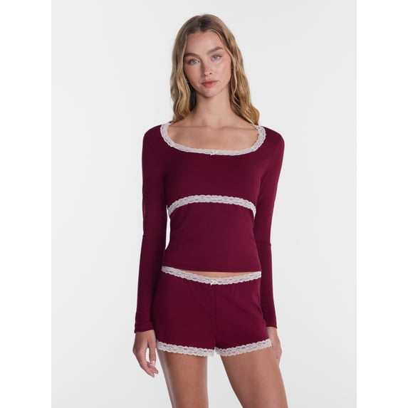 No Boundaries Sleep Lace Top with Long Sleeves, Women’s XXS-3X