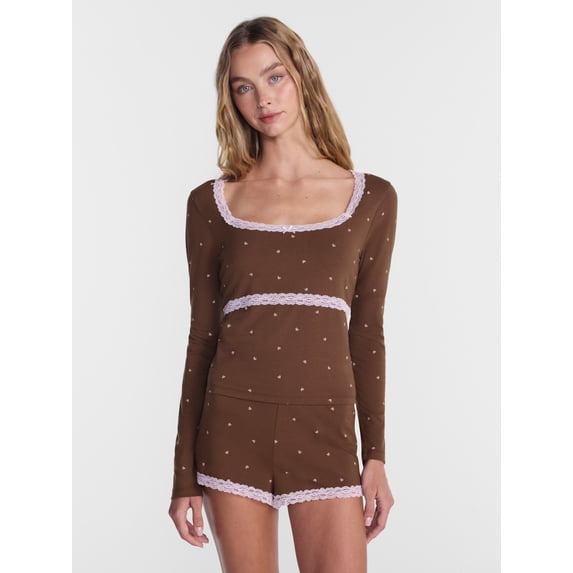 No Boundaries Sleep Lace Top with Long Sleeves, Women’s XXS-3X