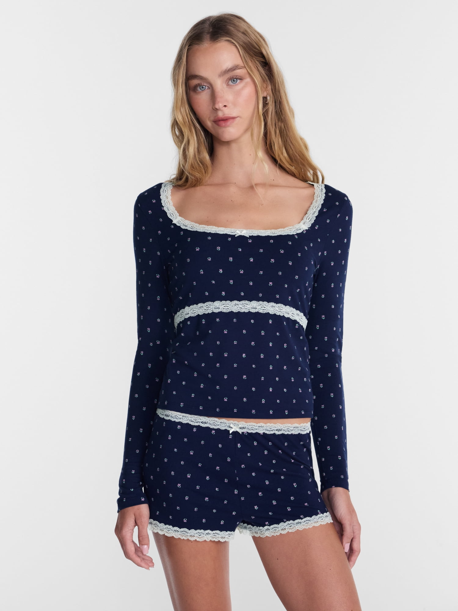No Boundaries Sleep Lace Top with Long Sleeves, Women’s XXS-3X
