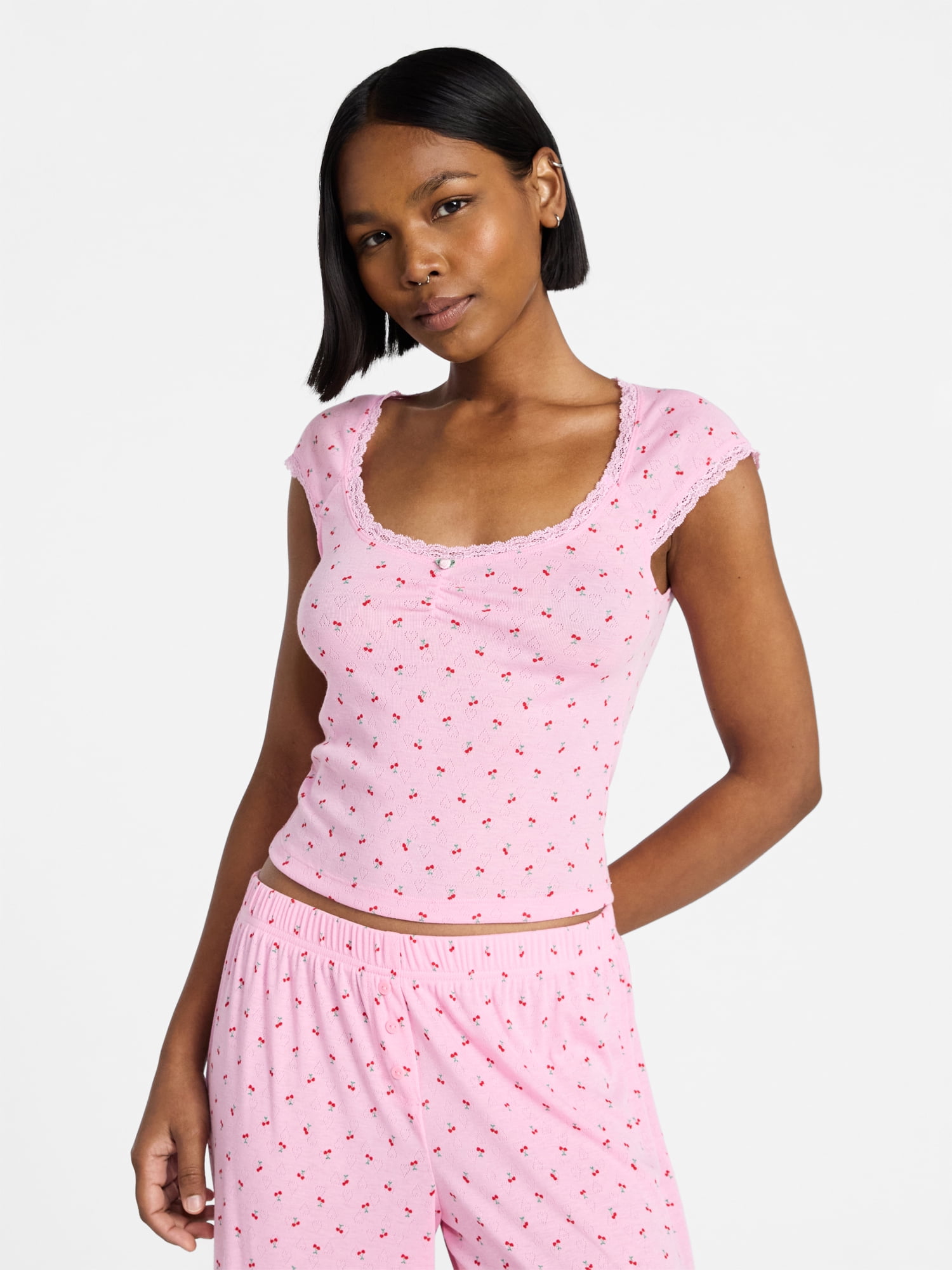 No Boundaries Sleep Pointelle Knit Baby Tee, Women’s XXS-3X