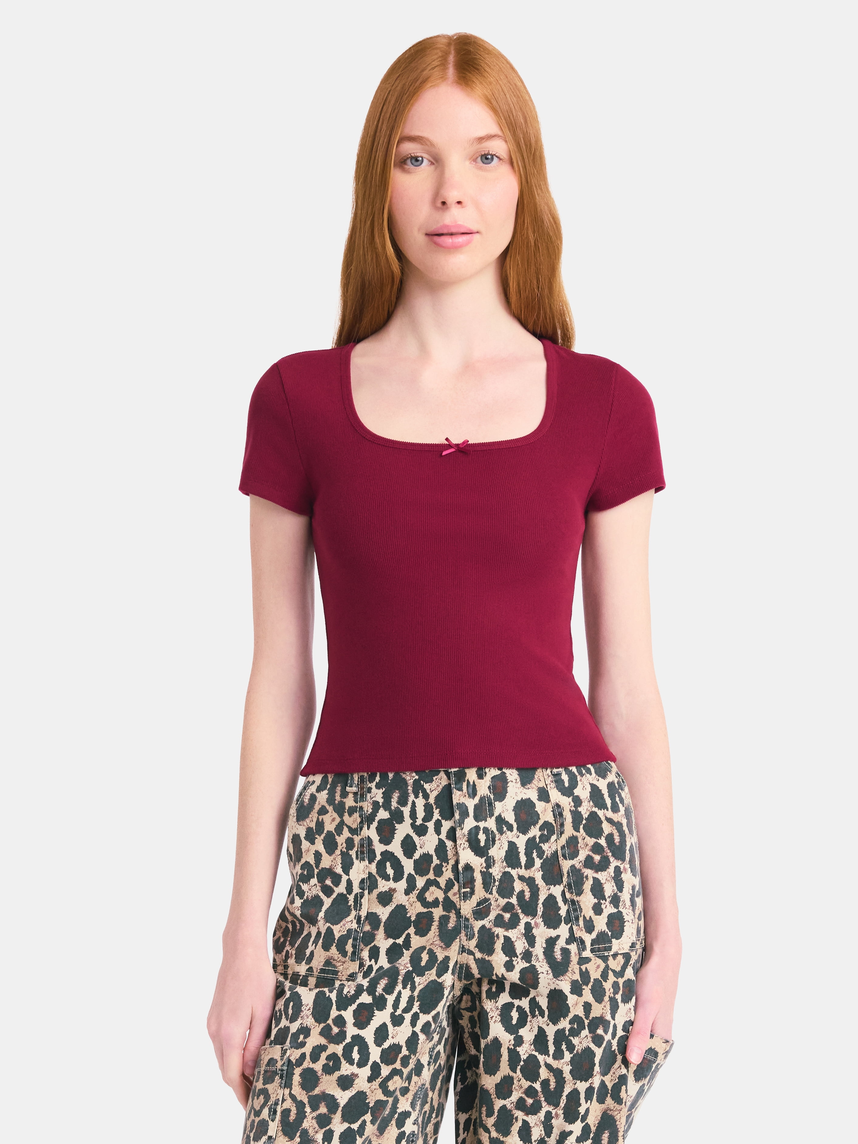 No Boundaries Square Neck Tee with Satin Bow, Women's