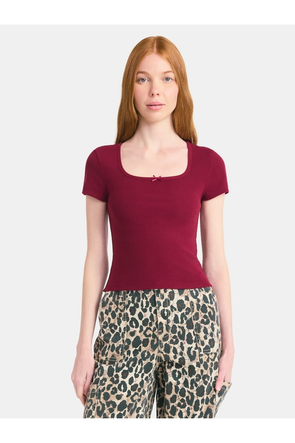Square Neck Tee with Satin Bow, Women's