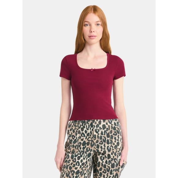 No Boundaries Square Neck Tee with Satin Bow, Women's