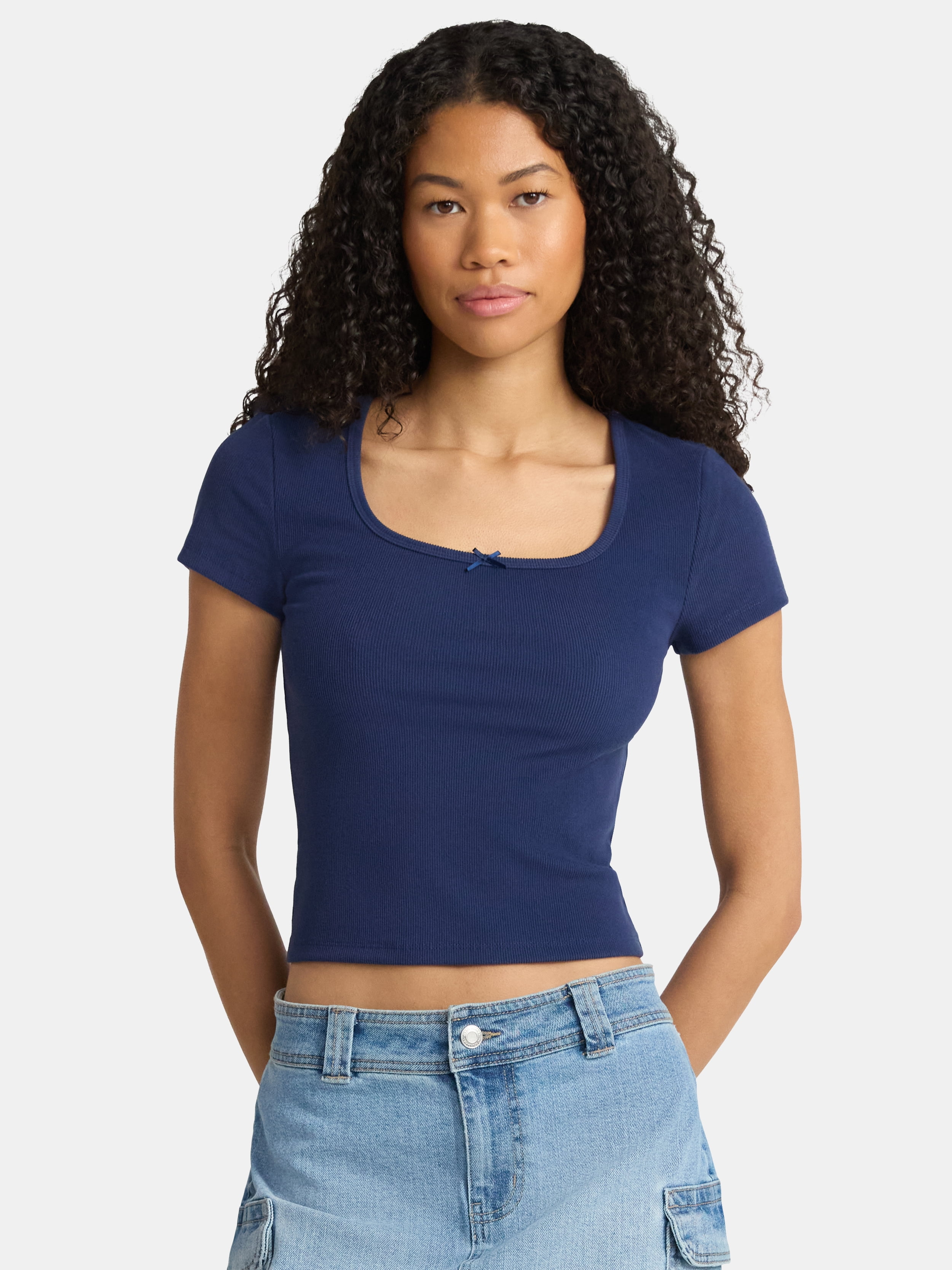 No Boundaries Square Neck Tee with Satin Bow, Women's - Walmart.com