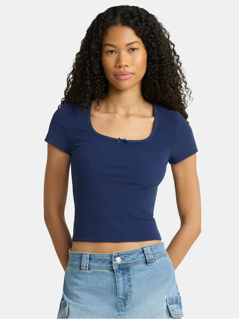 No Boundaries Square Neck Tee with Satin Bow, Women's - Walmart.com