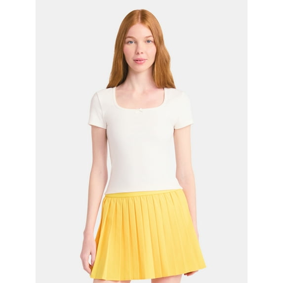 No Boundaries Square Neck Tee with Satin Bow, Women's