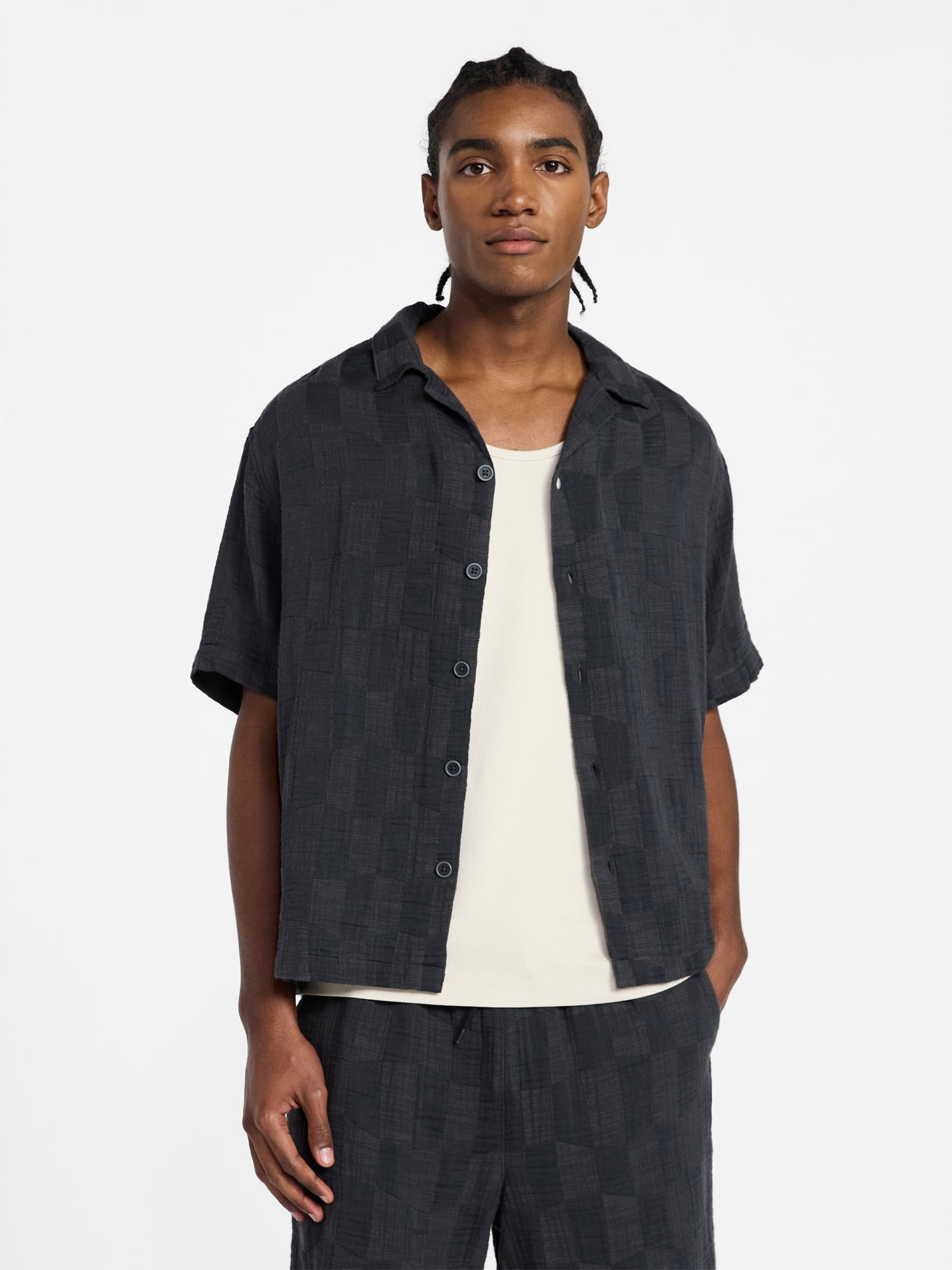 No Boundaries Check Gauze Shirt with Short Sleeves, Men's XS-5XL