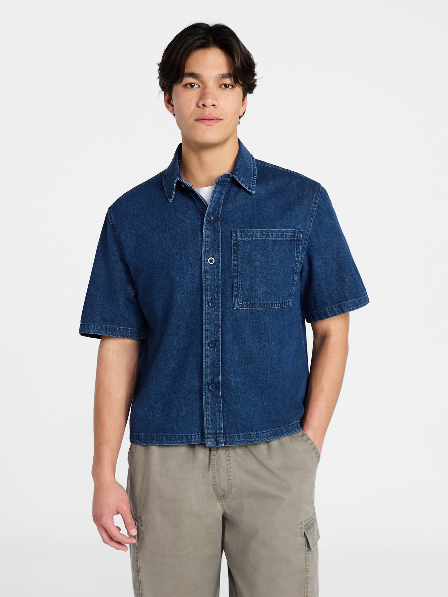 No Boundaries Denim Boxy Fit Shirt with Short Sleeves, Men's XS-4XLT