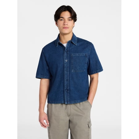 No Boundaries Denim Boxy Fit Shirt with Short Sleeves, Men's XS-4XLT