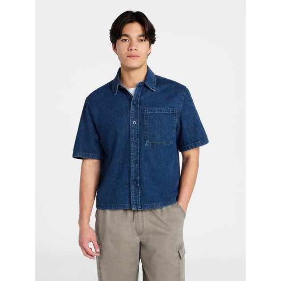 No Boundaries Denim Boxy Fit Shirt with Short Sleeves, Men's XS-4XLT