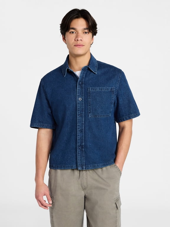 Denim Boxy Fit Shirt with Short Sleeves, Men's XS-4XLT