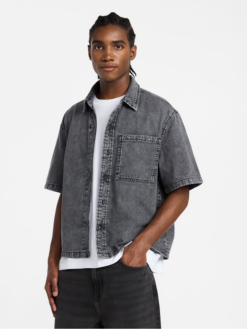 No Boundaries Denim Boxy Fit Shirt with Short Sleeves, Men's XS-4XLT -  Walmart.com