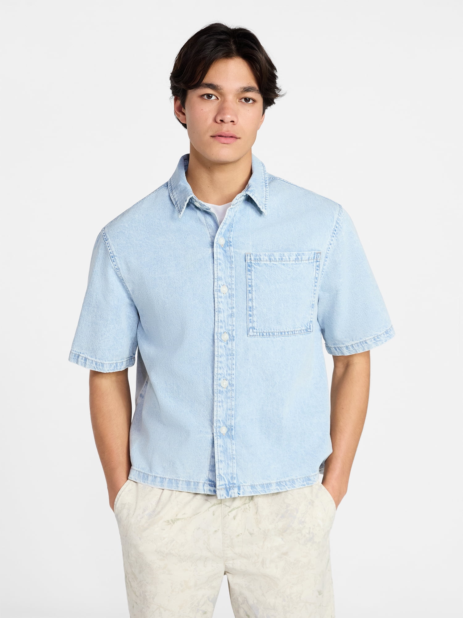 No Boundaries Denim Boxy Fit Shirt with Short Sleeves, Men's XS-4XLT
