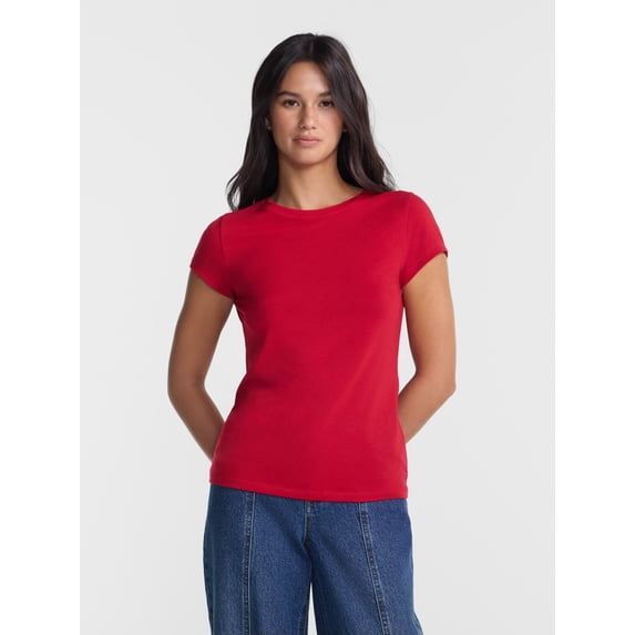 No Boundaries Crewneck Tee with Short Sleeves, Women's XXS-XXL