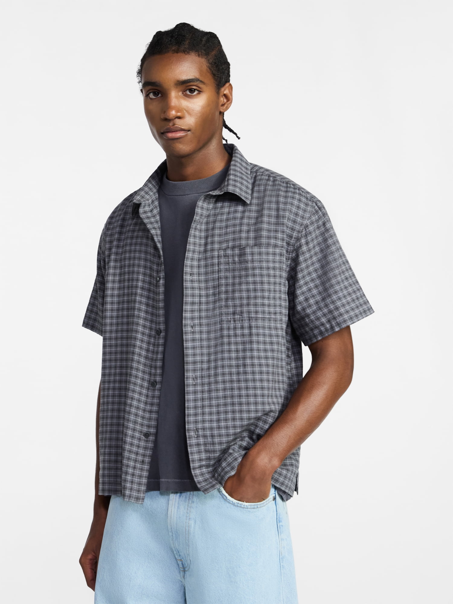 No Boundaries Plaid Shirt with Short Sleeves, Men's XS-4XLT