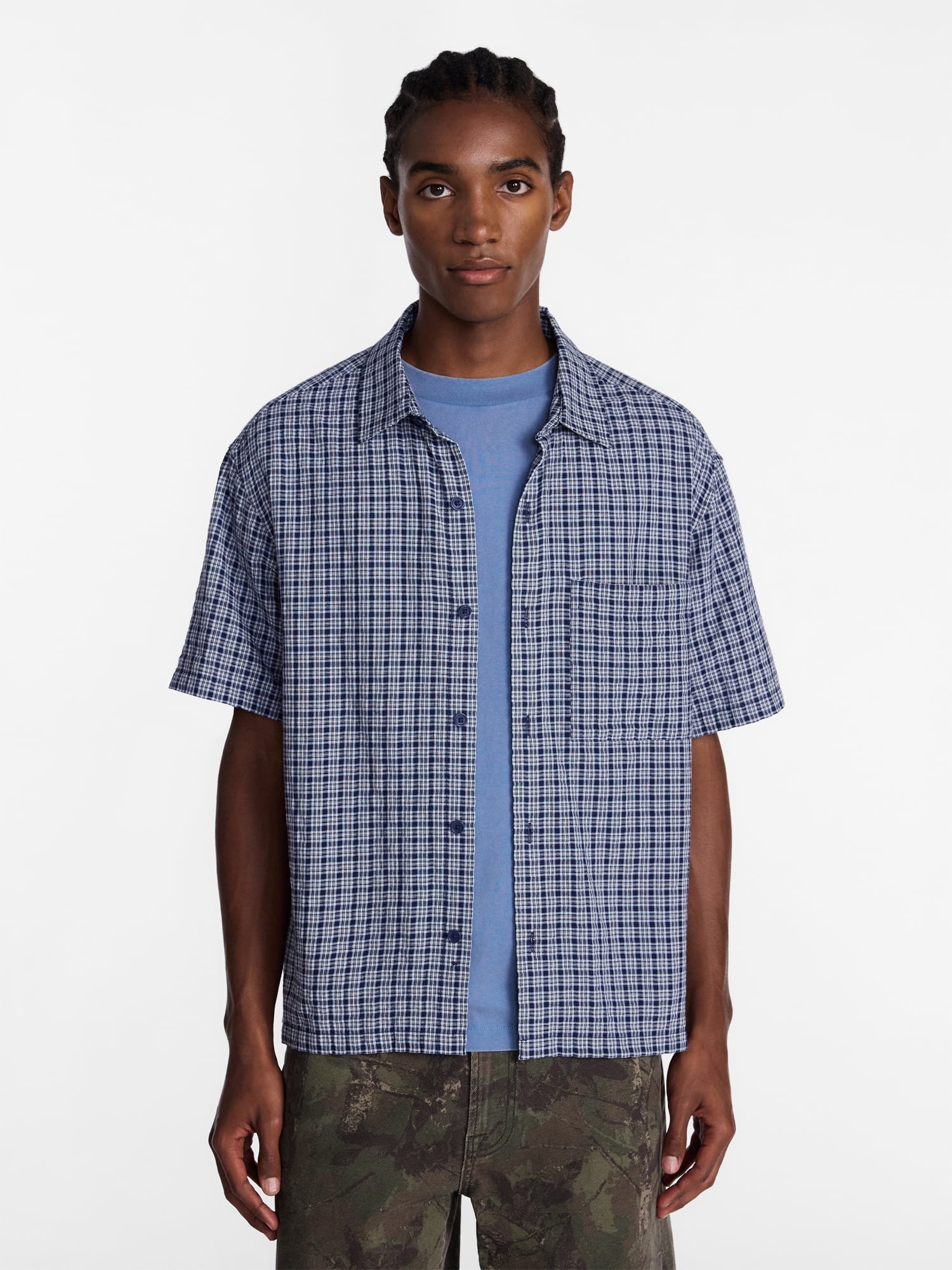 No Boundaries Plaid Shirt with Short Sleeves, Men's XS-5XB