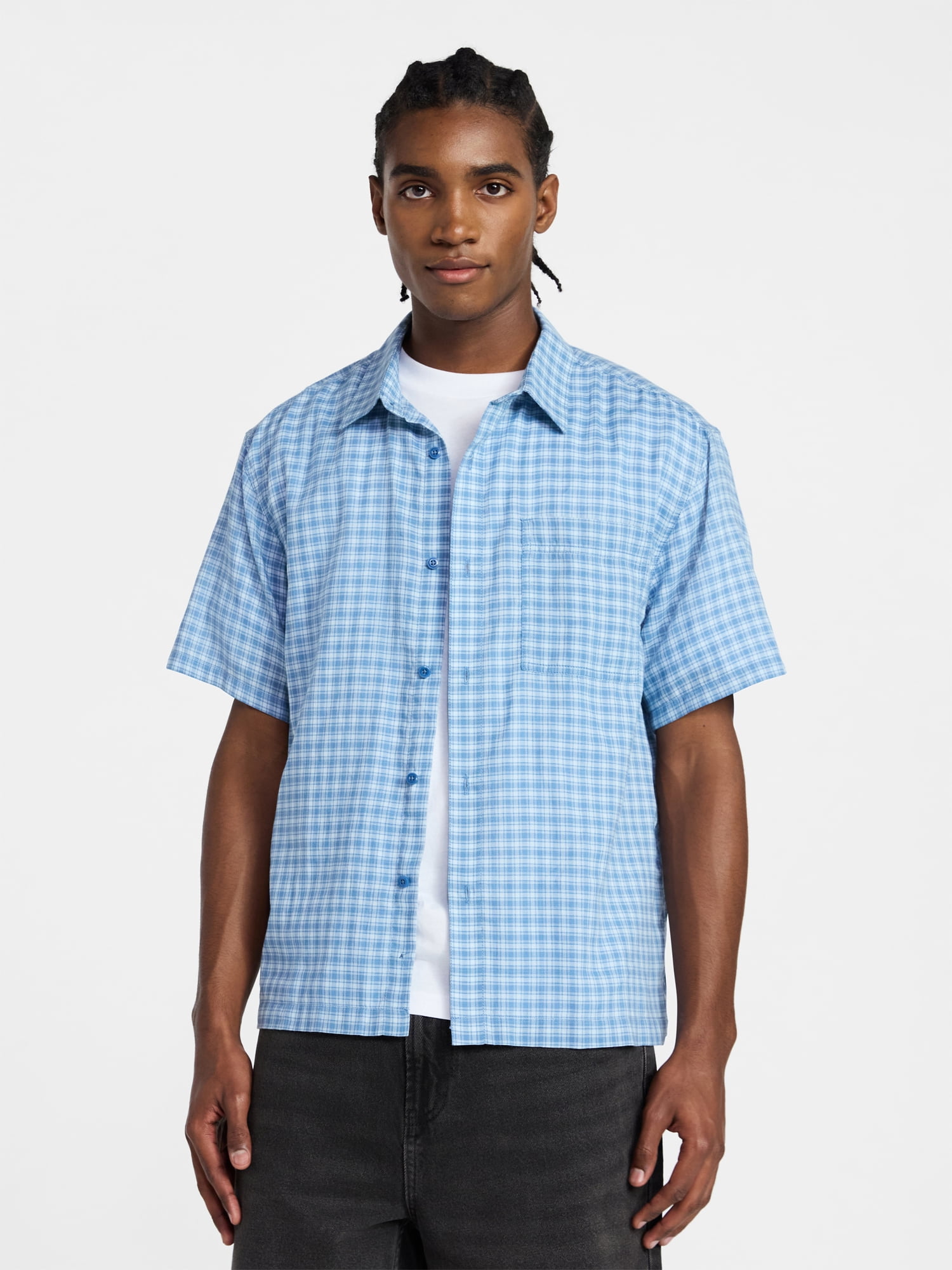 No Boundaries Plaid Shirt with Short Sleeves, Men's XS-4XLT