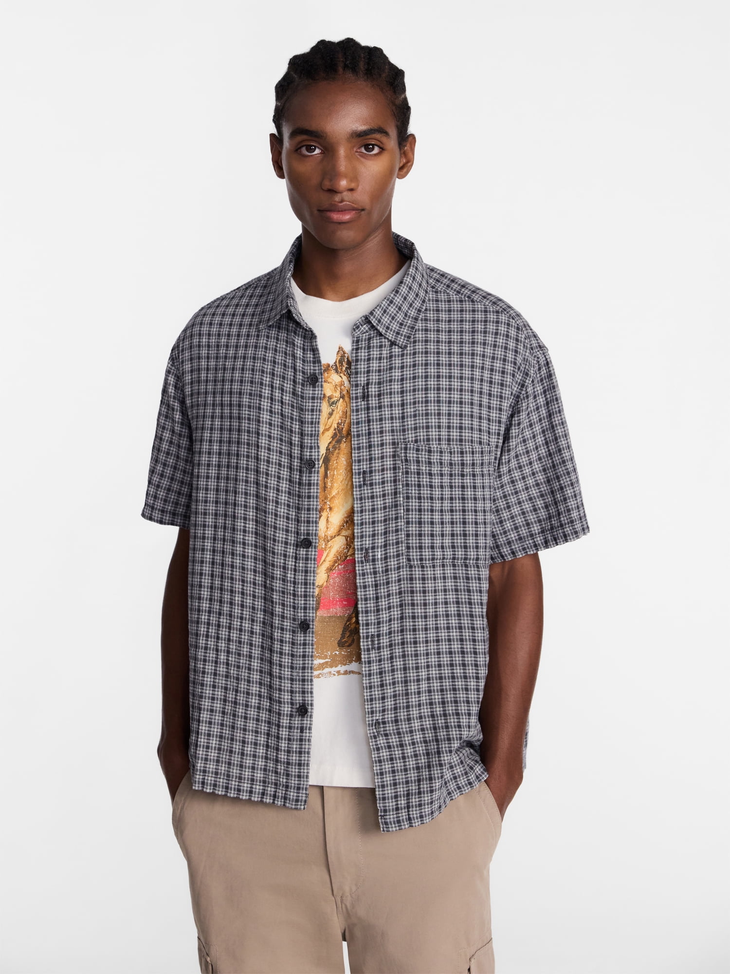 No Boundaries Plaid Shirt with Short Sleeves, Men's XS-5XB