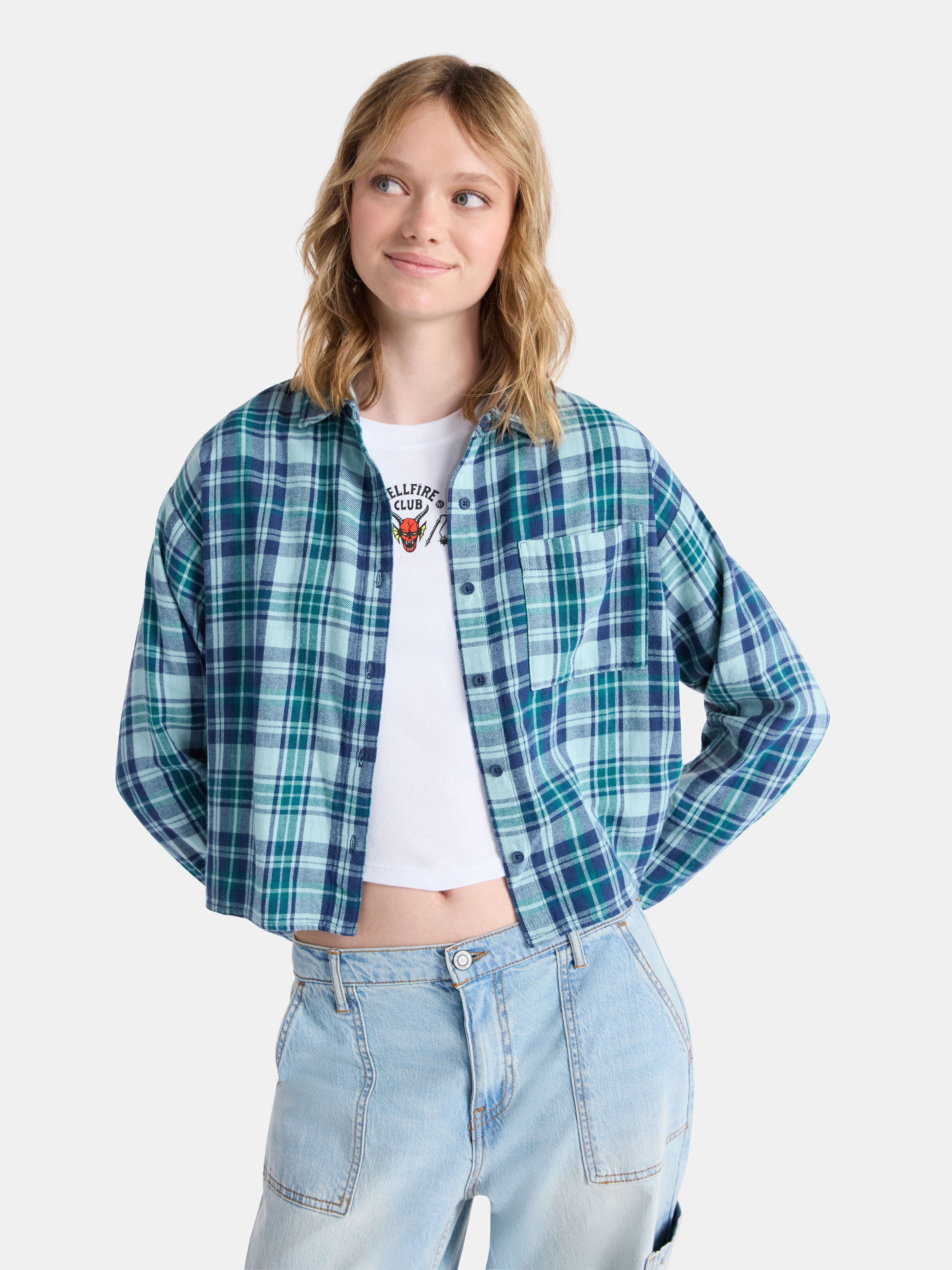 Netflix Stranger Things Cotton Cropped Flannel from No Boundaries, Women’s & Women’s Plus