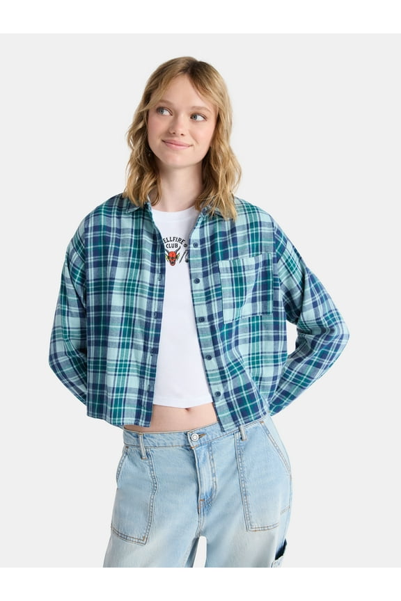 Netflix Stranger Things Cotton Cropped Flannel from No Boundaries, Women’s & Women’s Plus