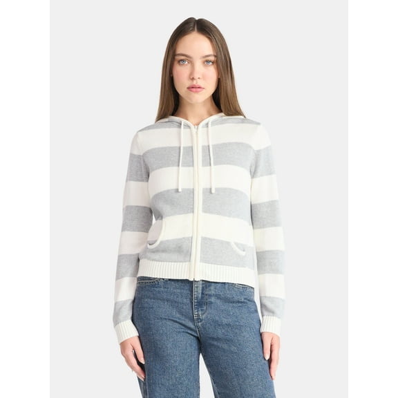 No Boundaries Zip-Up Striped Hoodie Jacket, Women's