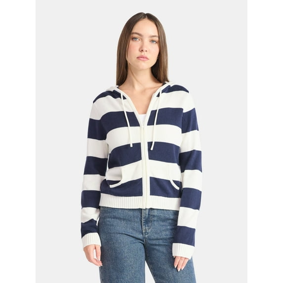 No Boundaries Zip-Up Striped Hoodie Jacket, Women's