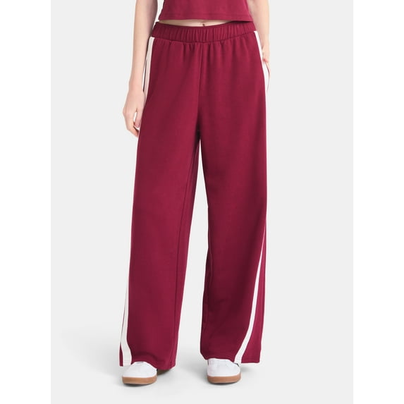 No Boundaries Wide Leg French Terry Pants with Side Stripes, 30'' Inseam, Women's