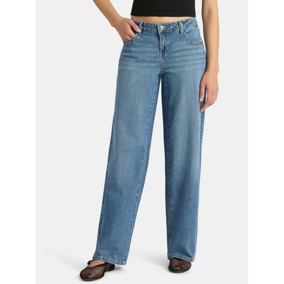No Boundaries Low Rise Baggy Studded Jeans, 32'' Inseam, Women's