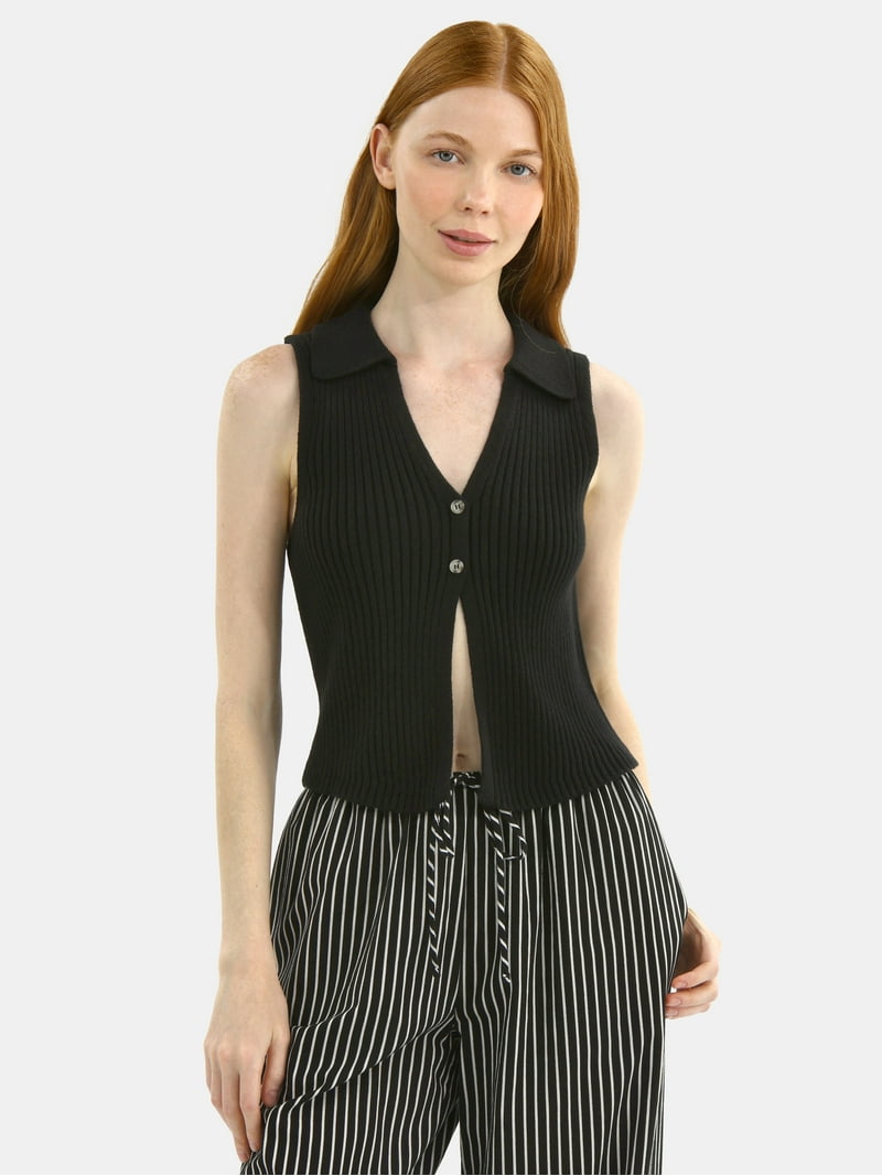 No Boundaries Button-Front Sweater Vest Top, Women's - Walmart.com