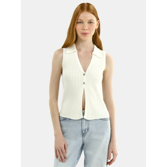 No Boundaries Button-Front Sweater Vest Top, Women's