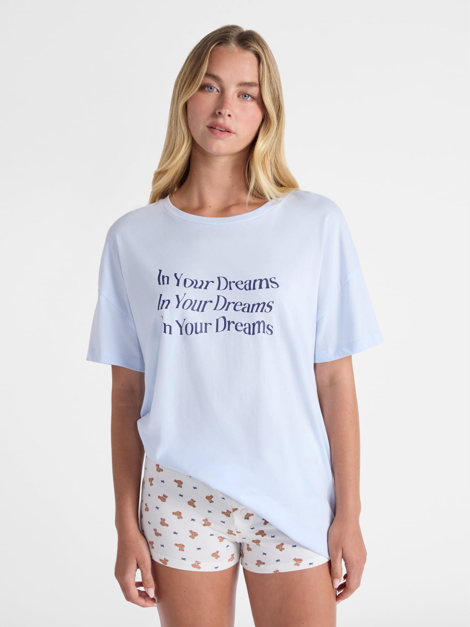 No Boundaries Sleepwear Cotton Tee and Boxer Shorts Set, 2-Piece, Women’s