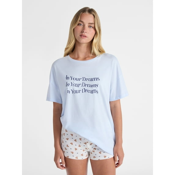 No Boundaries Sleepwear Cotton Tee and Boxer Shorts Set, 2-Piece, Women’s