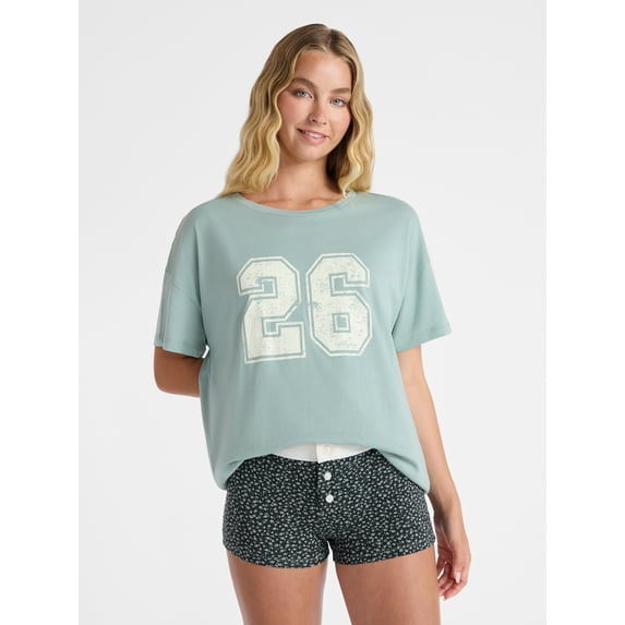 No Boundaries Sleepwear Cotton Tee and Boxer Shorts Set, 2-Piece, Women’s