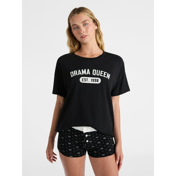 No Boundaries Sleepwear Cotton Tee and Boxer Shorts Set, 2-Piece, Women’s