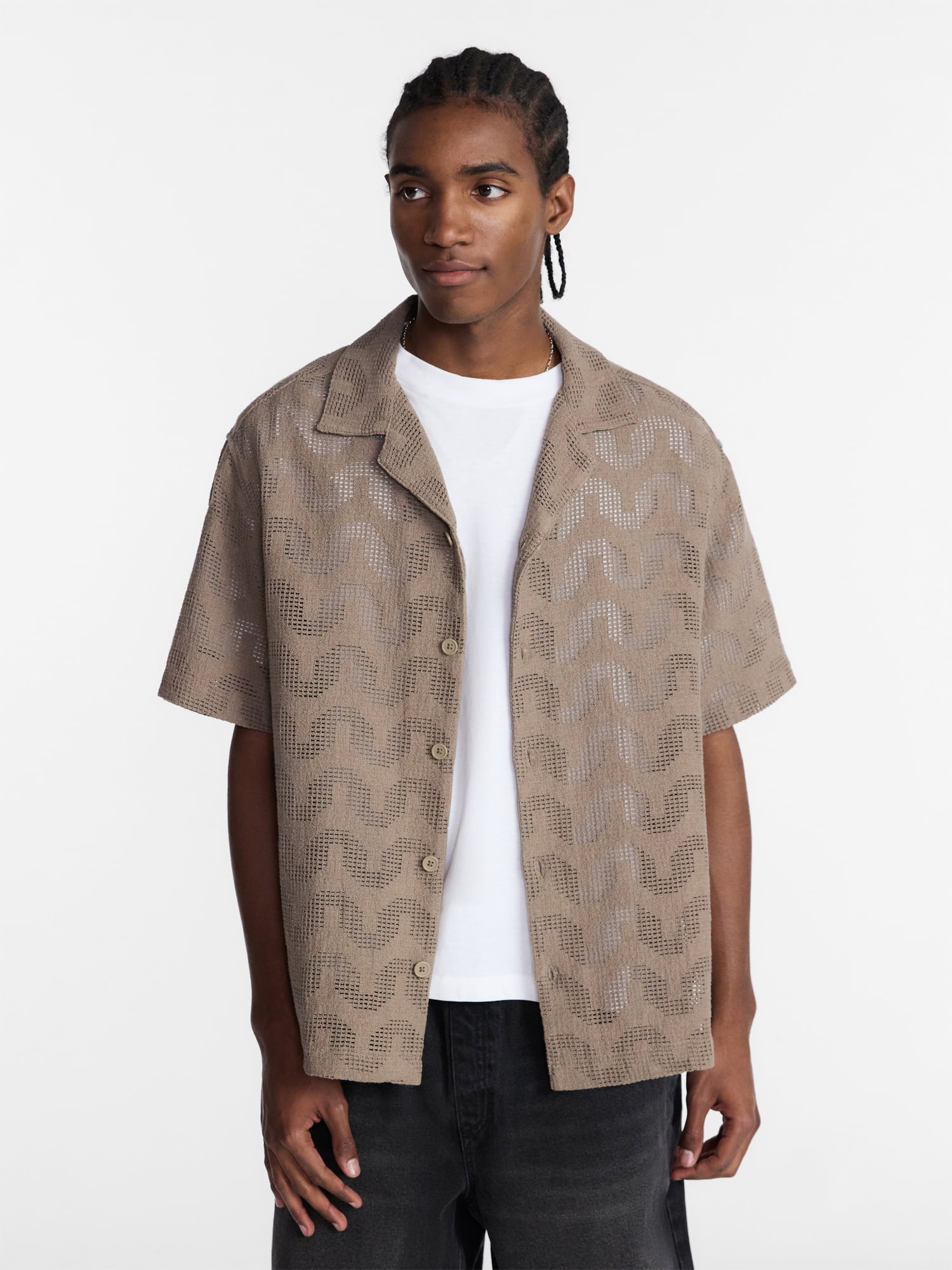 No Boundaries Textured Wave Design Resort Shirt with Short Sleeves, Men's XS-4XLT
