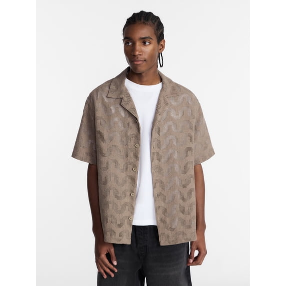 No Boundaries Textured Wave Design Resort Shirt with Short Sleeves, Men's XS-4XLT
