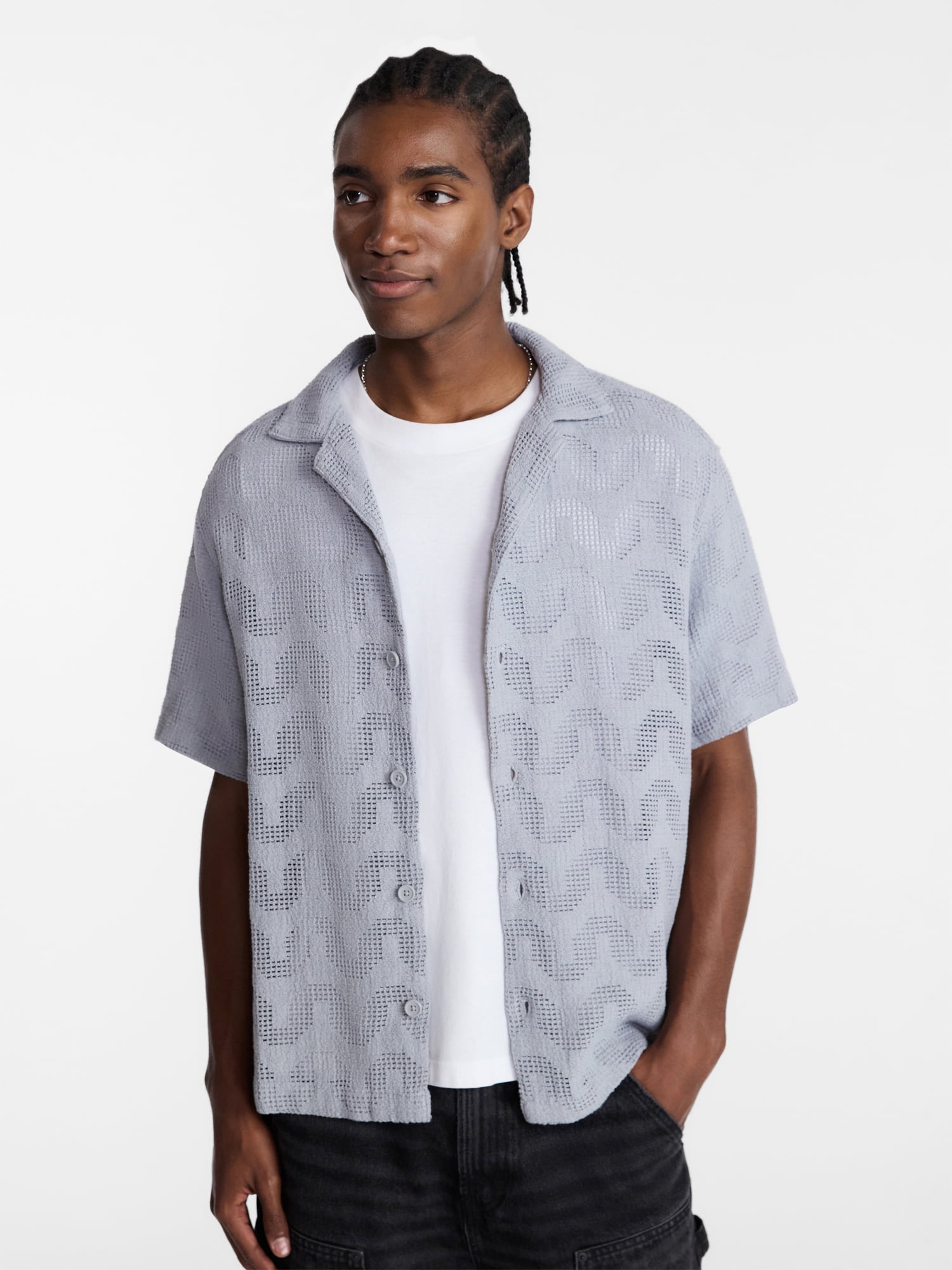 No Boundaries Textured Wave Design Resort Shirt with Short Sleeves, Men's XS-4XLT