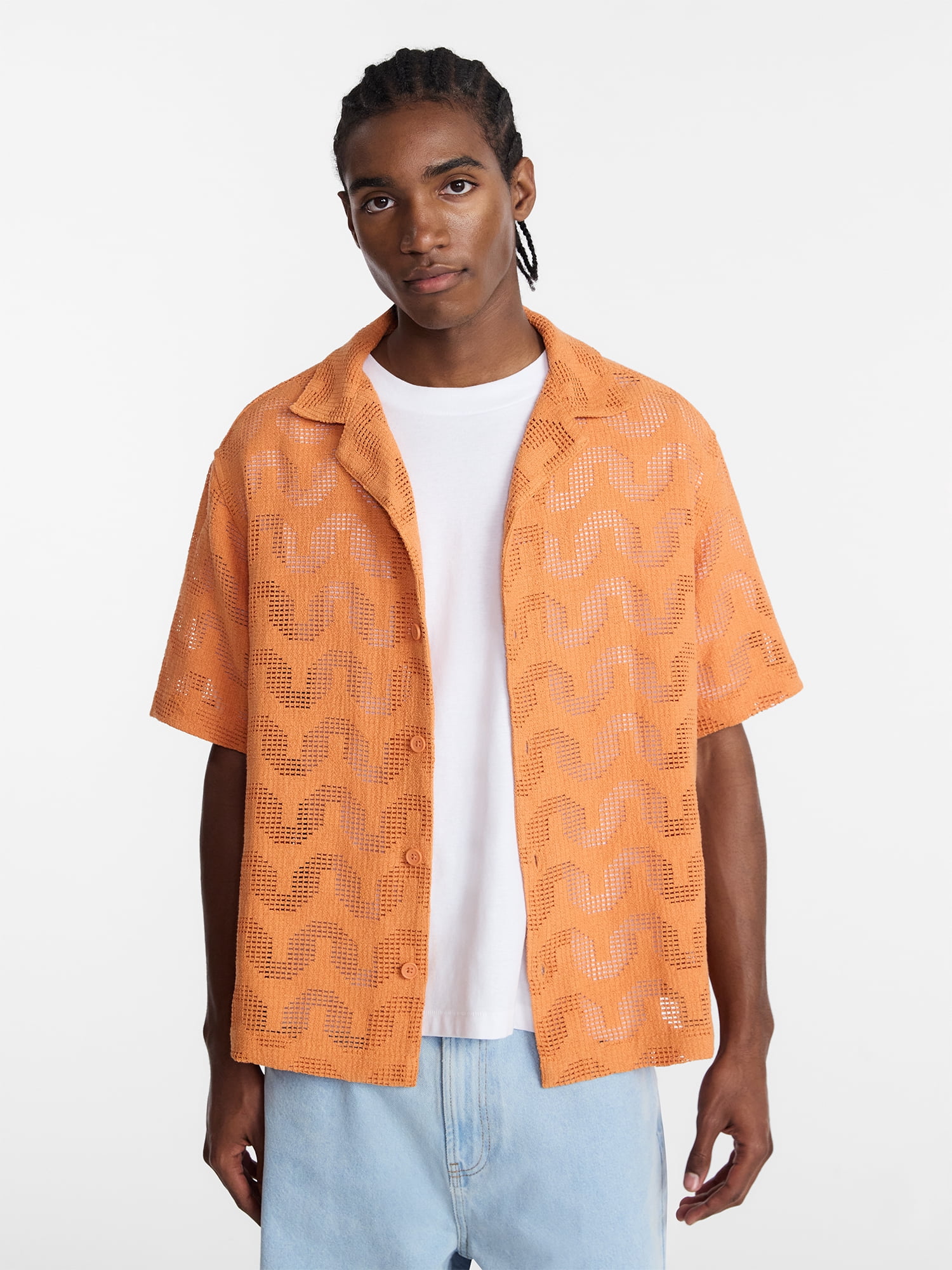 No Boundaries Textured Wave Design Resort Shirt with Short Sleeves, Men's XS-4XLT
