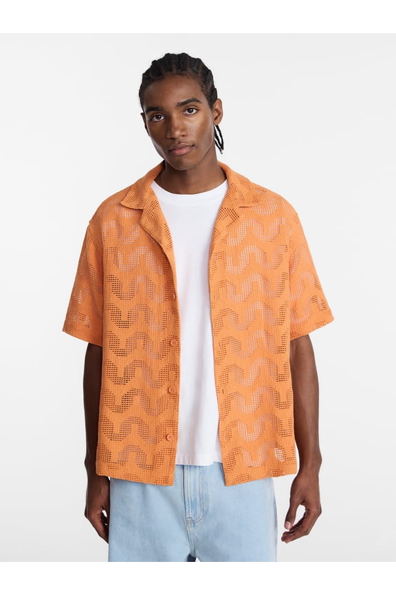 Textured Wave Design Resort Shirt with Short Sleeves, Men's XS-4XLT