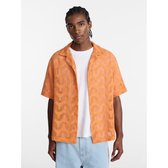 No Boundaries Textured Wave Design Resort Shirt with Short Sleeves, Men's XS-4XLT