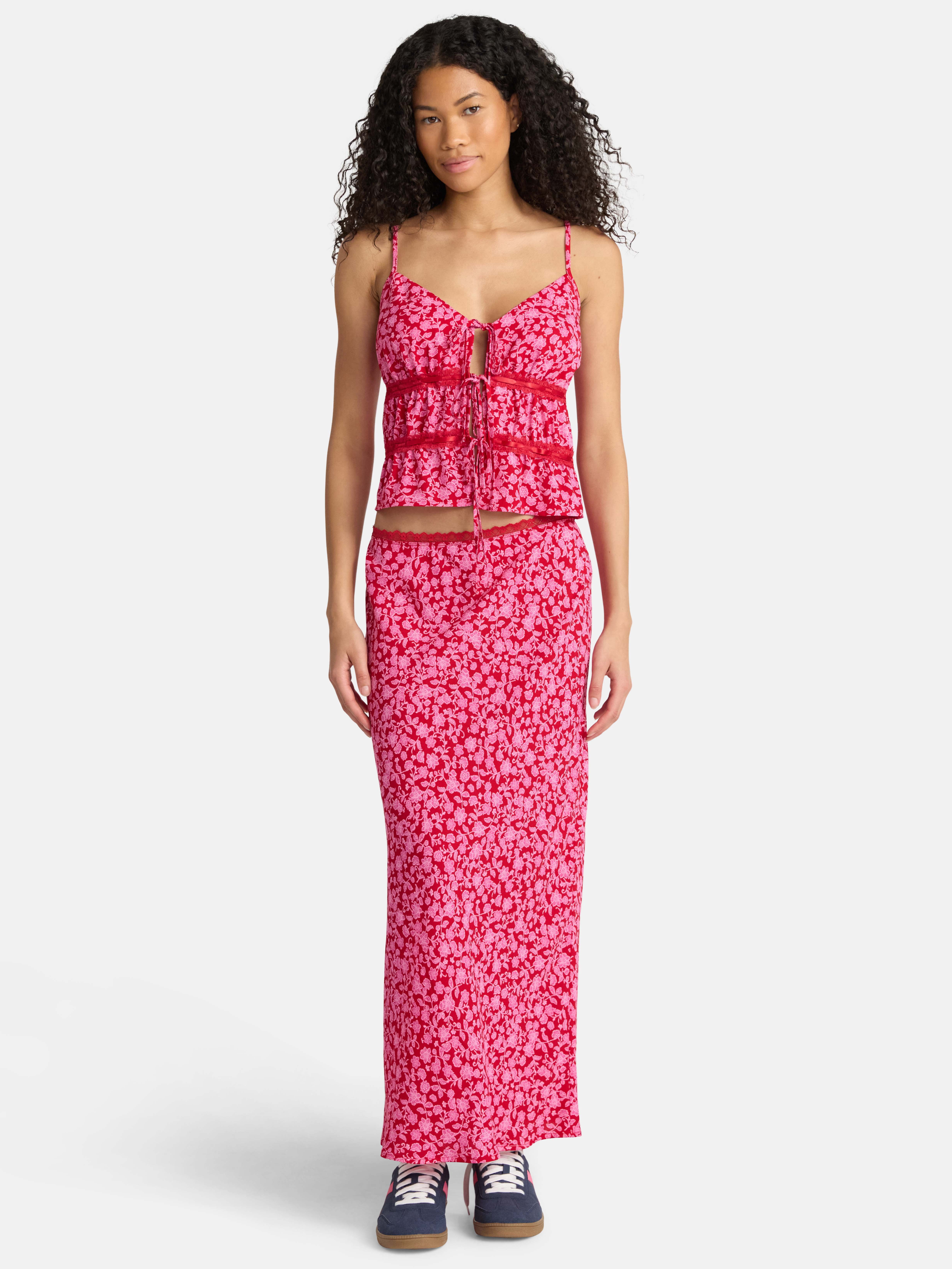No Boundaries Tie Front Lace Top and Maxi Skirt Set, 2-Piece, Women's