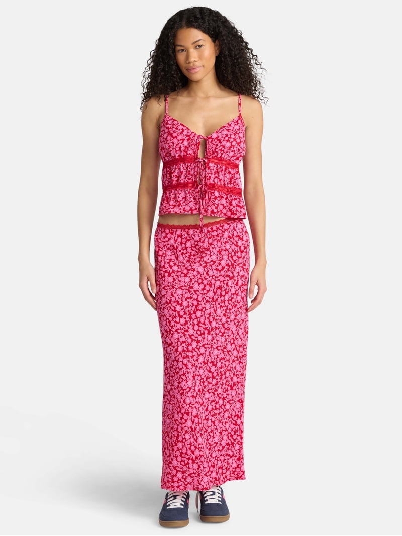 Cherry Pattern Two Piece ￥8900 上下セット No Boundaries Tie Front Lace Top and Maxi Skirt Set, 2-Piece