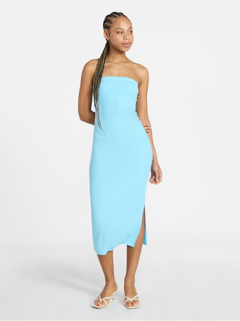 blue tube maxi dress Jasiel Strapless Knit Maxi Dress - Cyan Blue