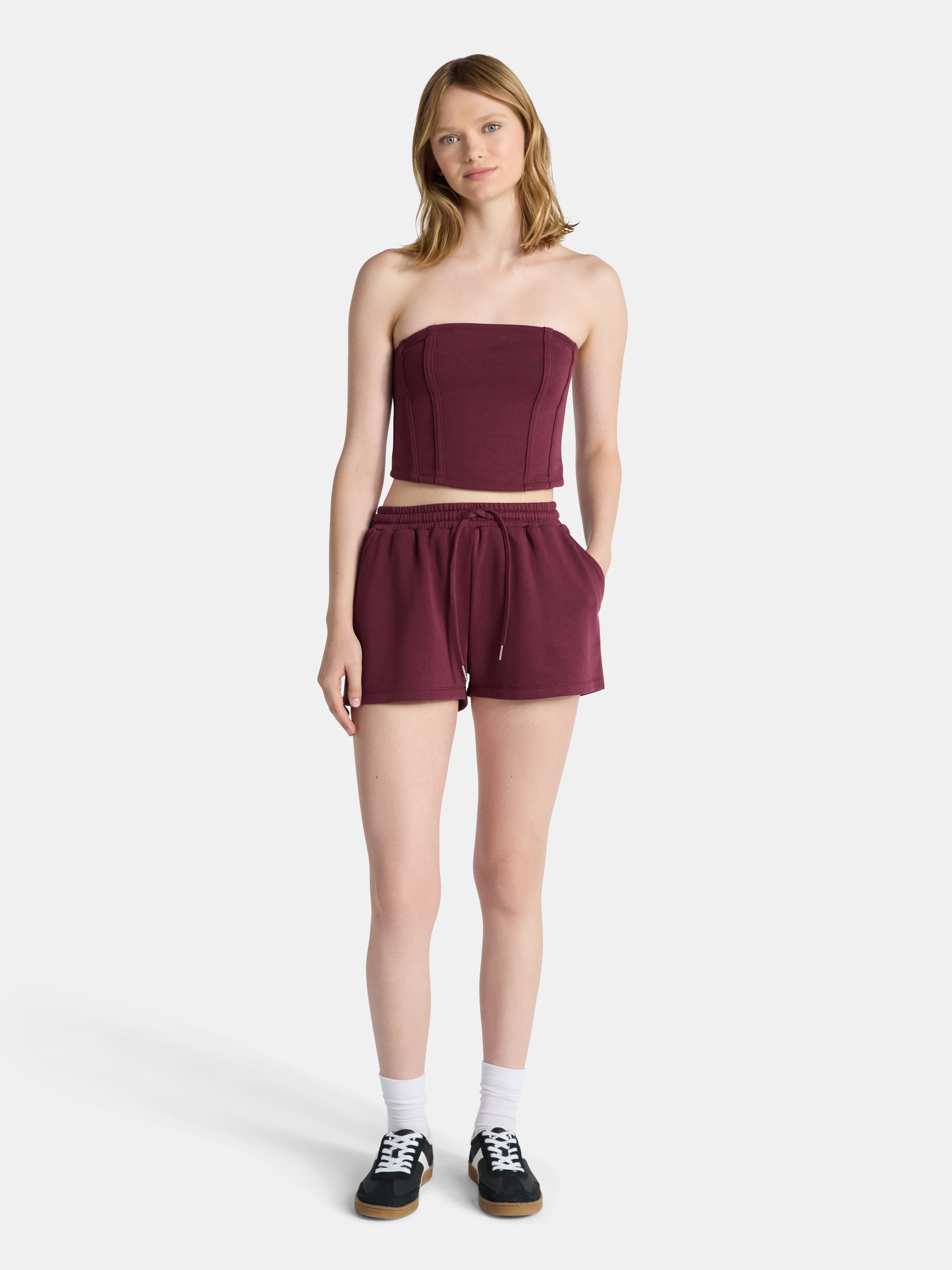 No Boundaries French Terry Tube Top and Shorts Set, 2-Piece, Women's