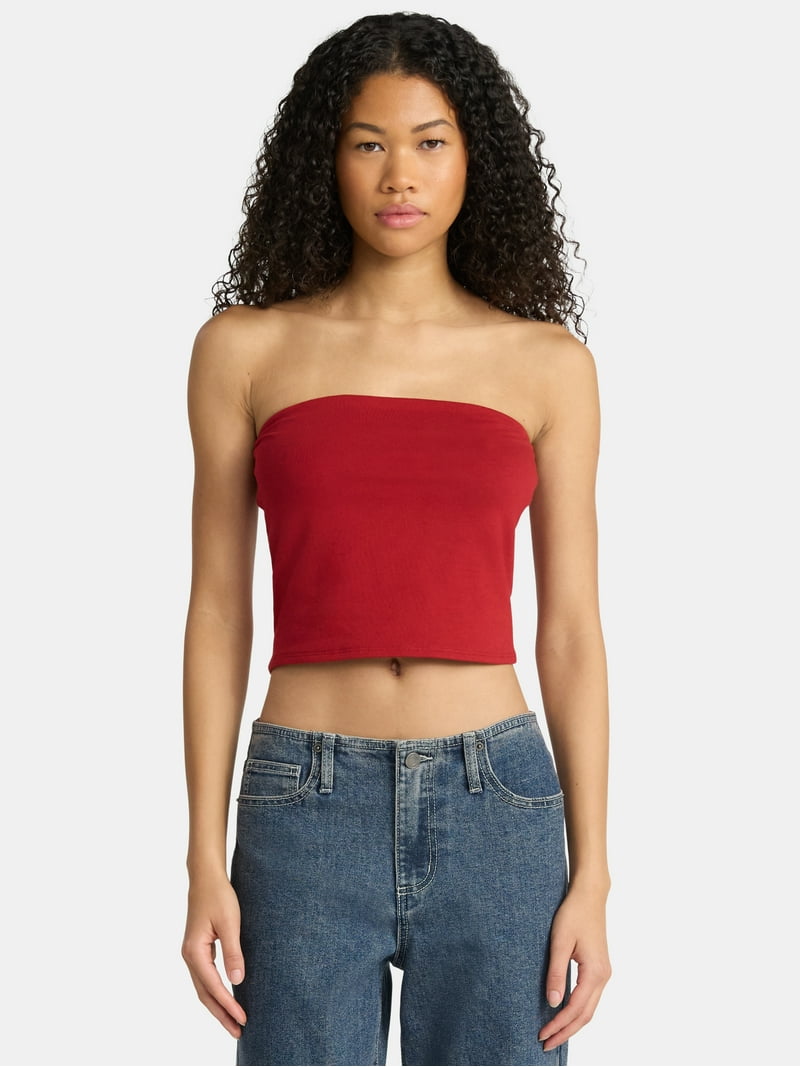 No Boundaries Women's Strapless Cropped Tube Top, Fitted, Soft