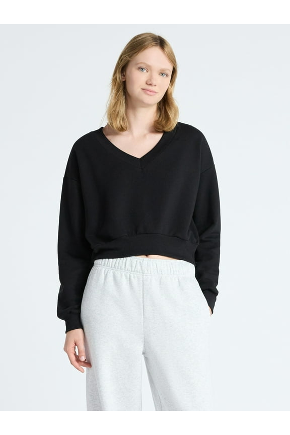 V-Neck Fleece Cropped Sweatshirt, Women's