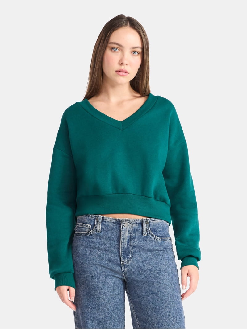 No Boundaries V-Neck Fleece Cropped Sweatshirt, Women's - Walmart.com