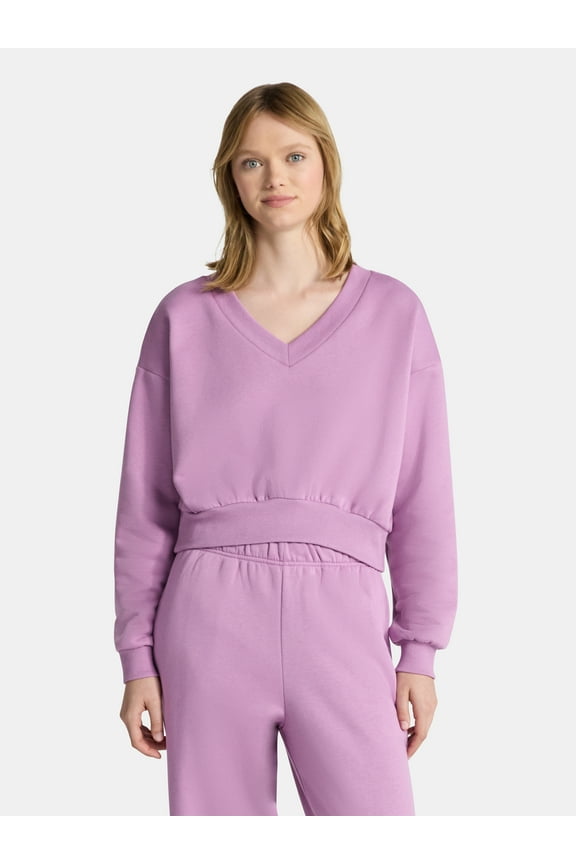 V-Neck Fleece Cropped Sweatshirt, Women's