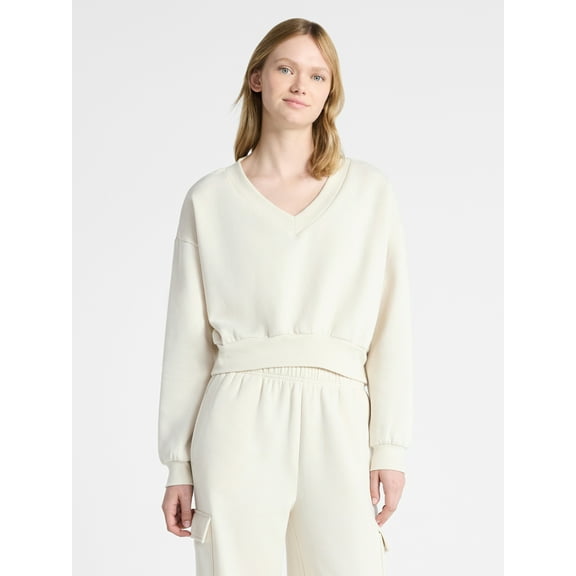 No Boundaries V-Neck Fleece Cropped Sweatshirt, Women's