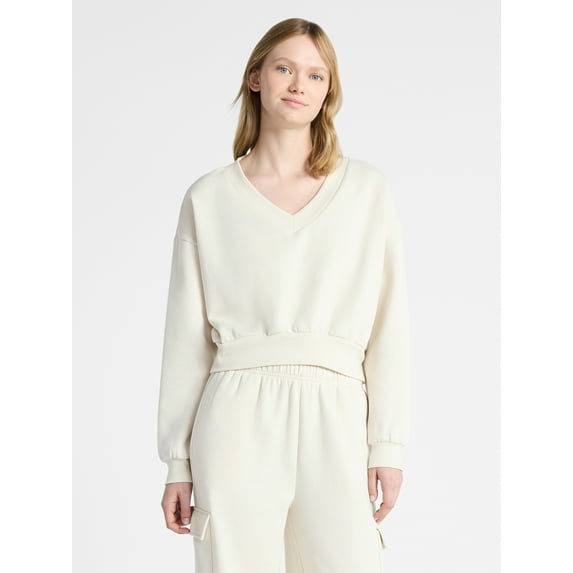 No Boundaries V-Neck Fleece Cropped Sweatshirt, Women's